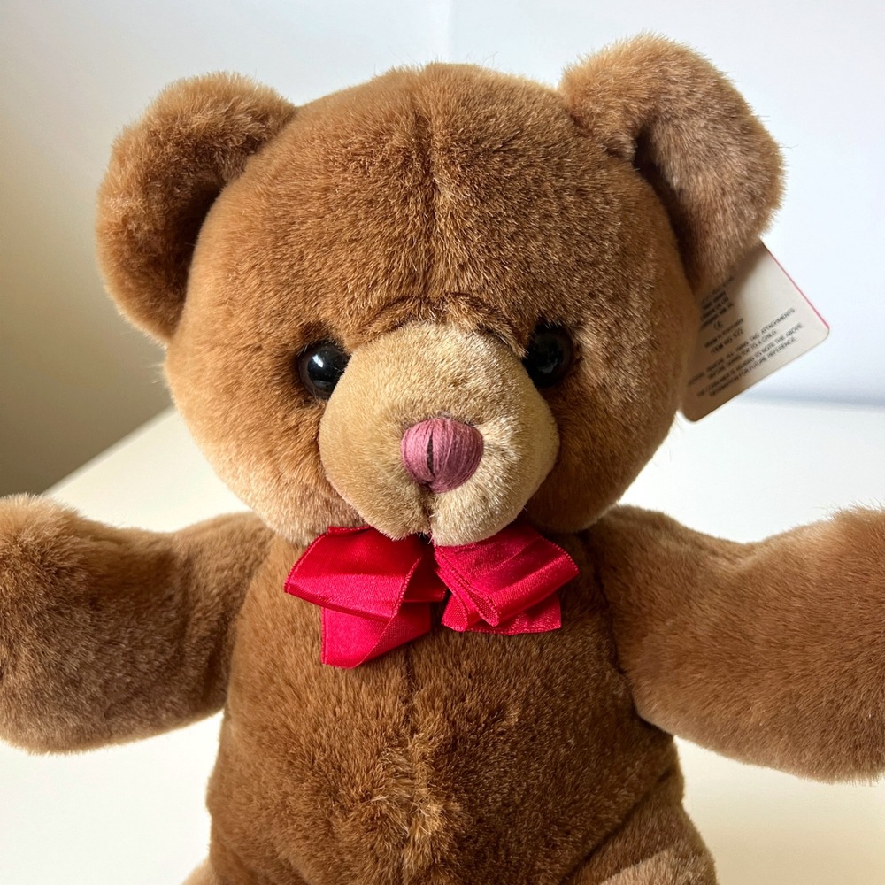 Vintage Russ Caress Soft Pet Teddy Bear Plush 14" Brown Red Bow w/ Tags
